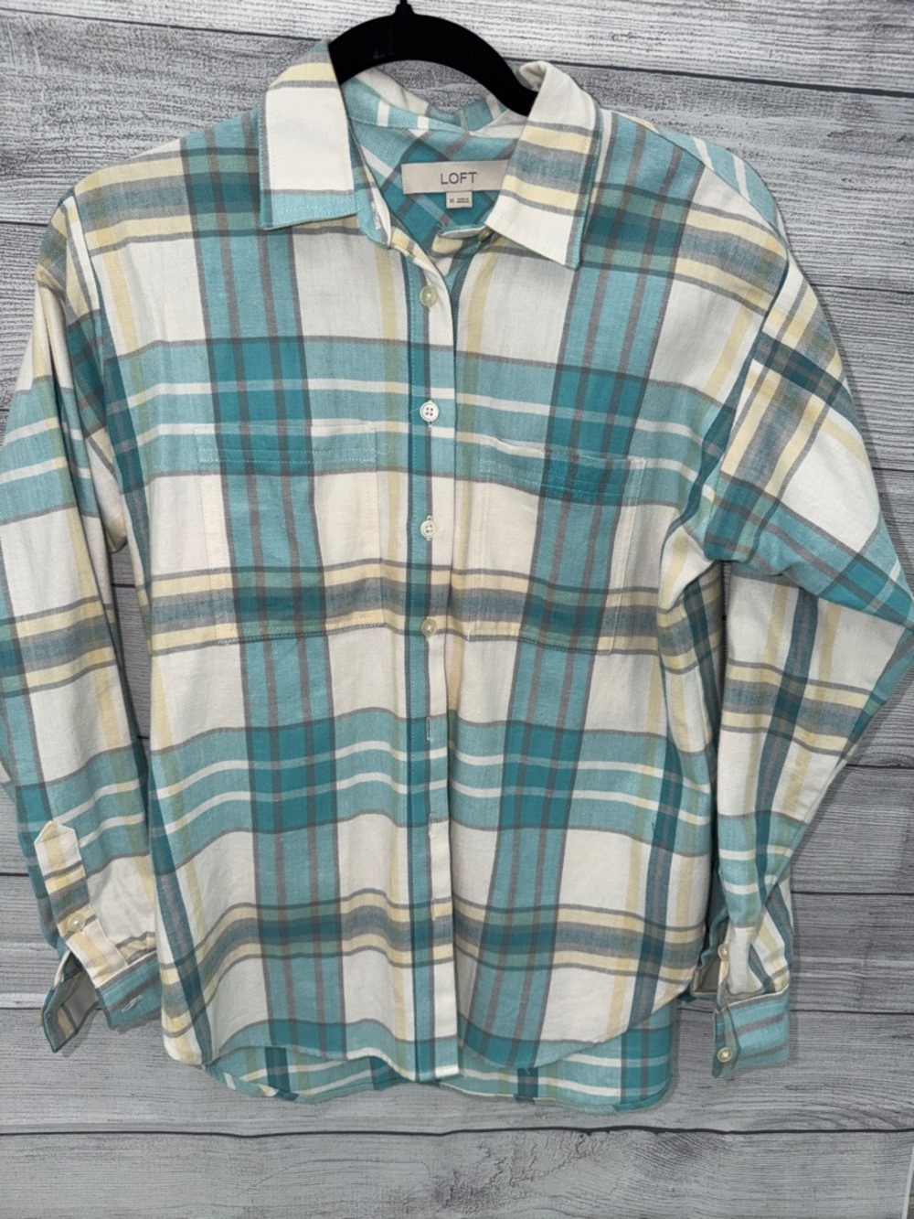 LOFT Teal and Cream Plaid Button-Down Shirt